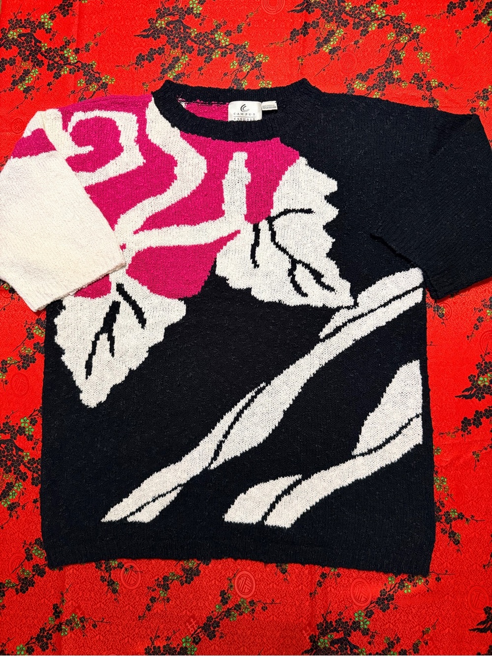 Casanova Floral Intarsia Turtleneck Sweater — Black, White & Pink